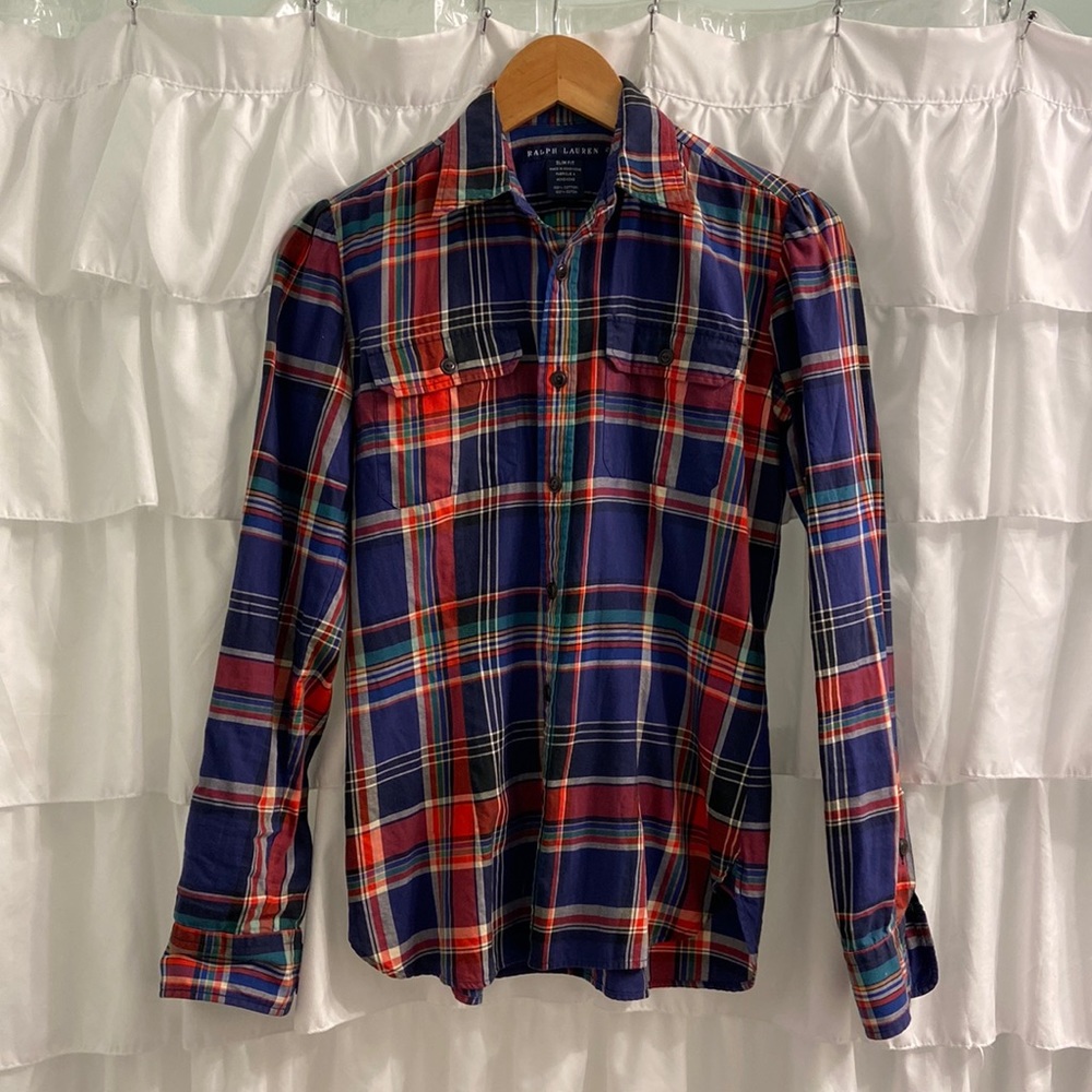 Ralph Lauren plaid button down blouse, size 2 slim fit